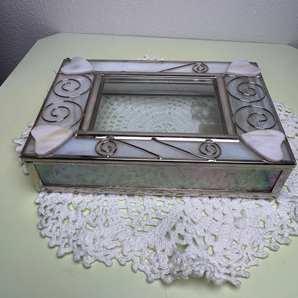 Vintage White Rectangular Jewelry Box Iridescent Hearts Stained Glass